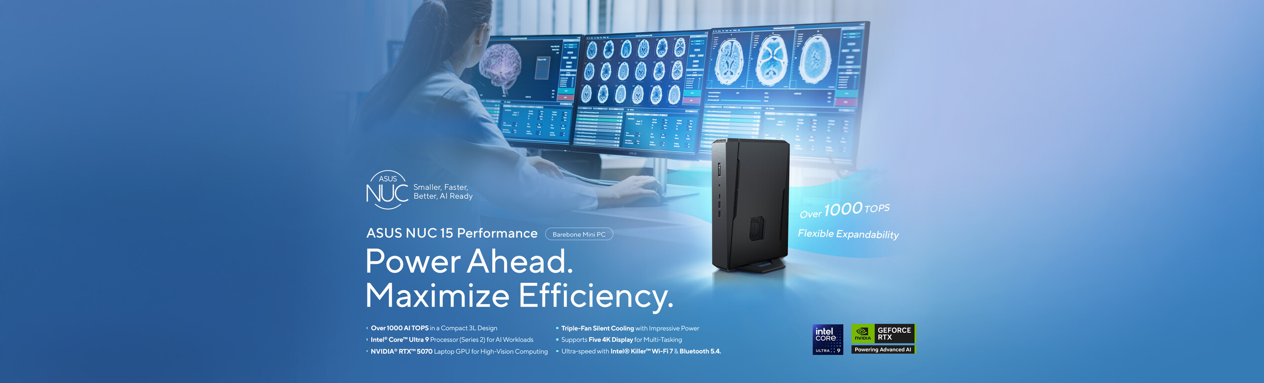 A person uses an ASUS NUC 15 Performance mini PC to review medical scans on multiple monitors.