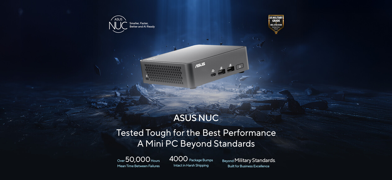 ASUS NUC mini PC is showcased on a rugged, shattered surface under a beam of light, highlighting its durability and performance. Text emphasizes military-grade testing, reliability, and compact design for business excellence.